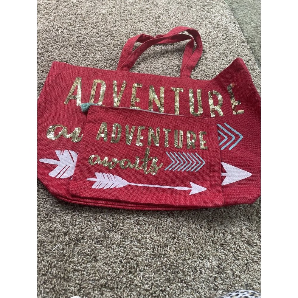 Olive & Hill Big Bag Lot Carry All ADVENTURE AWAITS Arrow Cute NEW Red Burlap